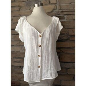 Jun & Ivy White Button Front Blouse XL Francesca’s V-Neck Short Sleeve Top NWT